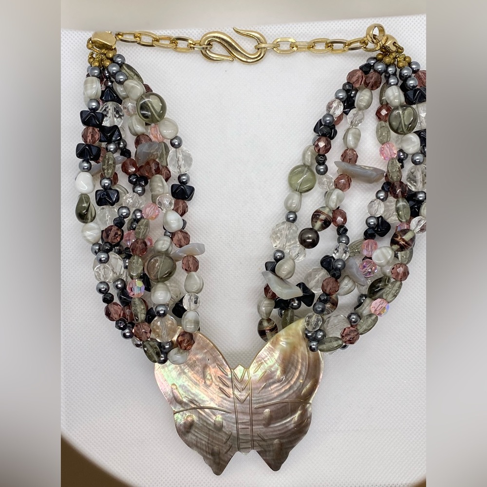 Artisan Signed Etta Multi Strand Beaded Necklace Shell Butterfly Boho Statement